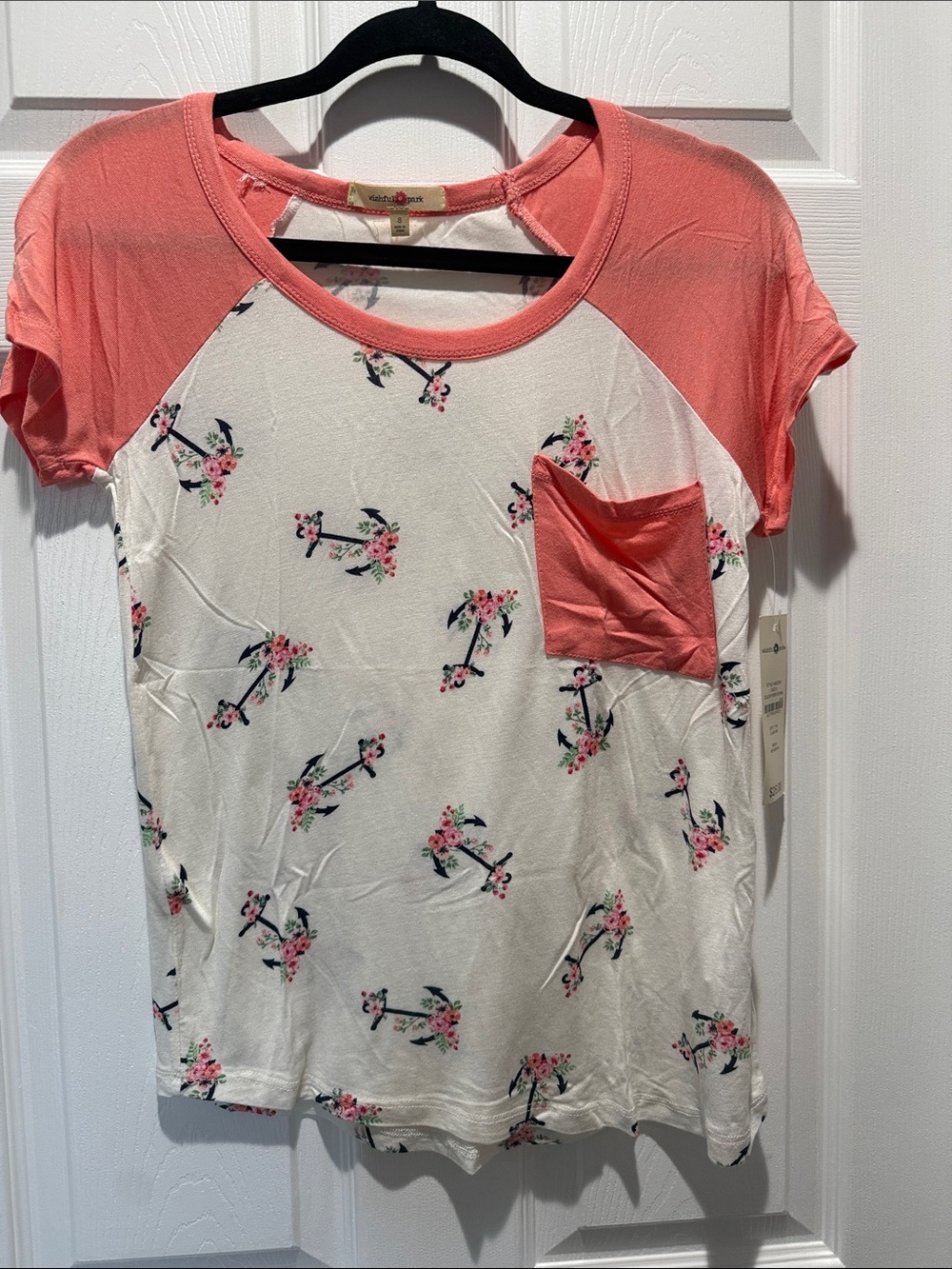 Wishful Park Ivory Tee with Coral Raglan Sleeves and Floral Trim
